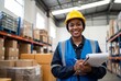 © Meow Creations - Smiling female engineer wearing hard hat and safety vest holding clipboard in warehouse facility