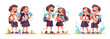 © ssstocker - Kids drinking water. Children with school backpack drinks water plastic bottle, thirsty boy and girl holding fresh beverage healthy clean liquid cartoon child vector illustration