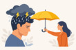 © Apu - Mental Health Support Concept with Woman Holding Yellow Umbrella Over Sad Man with Storm Cloud and Rain Above His Head Representing Depression, Empathy, Compassion, and Psychological Assistance.