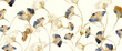 © VectorART - Art background with ginkgo leaves in a gold line art style with watercolor elements. Botanical banner for decor, wallpaper, prints, textiles, posters, packaging, and interior design.