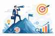 © Roky Roy - Business Vision Concept Vector Illustration of a Businessman Standing on a Mountain Peak Looking Through a Telescope at a Target for Success, Leadership, Strategic Planning, and Goal Achievement.