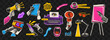© katyaskrn - Funky halftone collage set with hands, megaphone, laptop, typewriter and creative elements. Retro pop art cut-out graphics isolated on transparent background for bold designs.