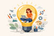 © MostJannatunNesa - Creative Woman Designer or Content Creator Sitting Inside a Large Glowing Lightbulb Working on a Laptop, Vector Illustration Concept for Innovation, Brainstorming, and Digital Art Development