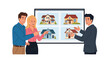 © Fahim - A smiling real estate agent shows house options on a large screen to a happy couple looking to buy a new home.