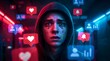 © Creative Workshop - Distressed young man in a dark hoodie overwhelmed by glowing social media notification icons representing cyberbullying and digital pressure in neon light