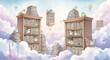 © Ariestia - Wooden bookcases filled with reading materials rest among soft, pastel-colored clouds populated by small, colorful birds and distant hot air balloons