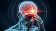 © designdio - Frontal lobe headache and sinus pressure pain. Medical diagnosis and chronic migraine. Man touching forehead with glowing light effect on the prefrontal cortex