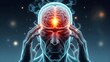 © designdio - Chronic migraine symptoms and neural inflammation. Healthcare and medical diagnostics. Man with closed eyes holding head showing glowing veins and brain activity