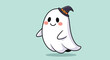 © Md - Friendly little white ghost wearing a purple witch hat with an orange buckle smiles playfully against a light blue background for Halloween.
