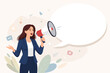 © farhana - Professional woman in a suit shouting into a loudspeaker with a big empty speech bubble. Concept for marketing, advertising, business announcement, social media news, and public speaking.