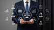 © AucArtStudio - Employment labor law justice balance icon over business lawyer hand