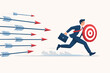 © ADMSalah - Businessman running with a target shield while being chased by multiple arrows, representing business challenges, goal achievement, risk management, and the pursuit of success in a competitive world.