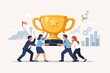 © ADMSalah - Collaborative business team lifting a massive golden trophy together, representing successful achievement, teamwork, and reaching goals. Background with rocket, mountain, and charts for growth.