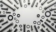 © Aqeel Siddique - A collection of assorted metal bolts and nuts arranged in a circular pattern on a plain surface