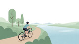 Person Cycling Along a Serene Lakeside Path with Green Landscapes