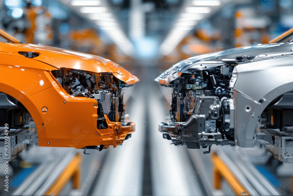 A modern automotive factory showcases two car bodies on the assembly ...