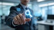 © Mia - Business professional selecting search icon on virtual screen,data retrieval and document management concept with digital interface in modern office