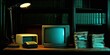 © antishock - Dimly lit office scene. Vintage computer, monitor, papers stacked. Lamp illuminates workspace, bookshelves visible. Moody, retro aesthetic.