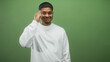 © Krakenimages.com - Man with beard smiling, finger to temple and wearing white long sleeve shirt and small earring against green studio backdrop; thoughtful idea insight.