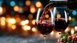 © svastix - Two stylish glasses are filled with rich red wine, being poured with vibrant bokeh lights in the background, creating an atmosphere of elegance and celebration.