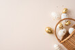 © ActionGP - Happy Easter greeting featuring white and gold decorated eggs spilling from a wicker basket on a soft pastel background, celebrating spring with elegant metallic detail and minimalist festive styling