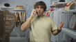 © Krakenimages.com - Man holding a smartphone to his ear and gesturing with his other hand among racks and jewelry displays in a clothing shop building; frustration urgency.