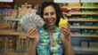 © Krakenimages.com - Hispanic woman in bikini with lei showcasing us dollars and piggy bank in indoor market