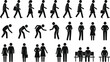 © David  Creations - Business people and human activity silhouettes vector set, walking office workers, standing poses, sitting on bench icons, black and white illustration