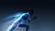 © Lustre Art Group  - Intense poster female sprinter covered in electric light network showing reaction and load data. Concept of explosive start, sprint mechanics and performance measurement.
