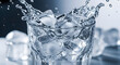 © SRD - Refreshing glass of clear water with ice cubes and splashing water droplets, a cool and invigorating beverage with a crystalline texture and pure clarity