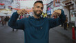 © Krakenimages.com - Man points both index fingers down while smiling in a blue hoodie on a busy street with storefronts and crowd; confidence identity.