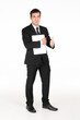 © Look Aod 27 - Smart dressed caucasian man in formal business attire pos hugging the laptop to your chest at studio shot isolated on white background.