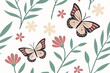 © Rakibul - A delightful seamless flat pattern illustration featuring two graceful butterflies playfully fluttering among charming pastel-colored flowers and lush green foliage.