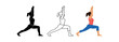 © Design Ful - Woman warrior yoga pose for strength practice wellness and self care icon vector icon set three styles: black solid silhouette thin black outline and flat colored with solid fills. Clean