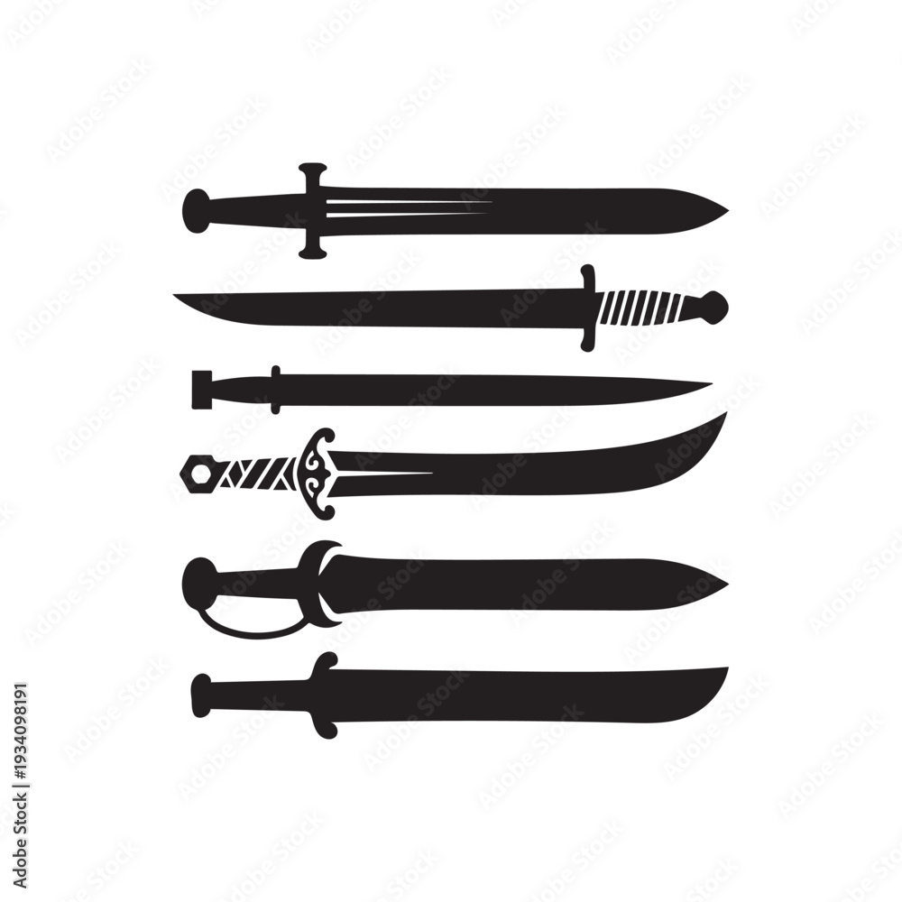 Silhouette Set of Ancient Medieval Swords Daggers and Sabers for ...