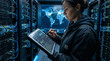© Rohan Katwe - Female engineer Monitoring racks of servers in modern data center. enterprise IT operations, network management, cybersecurity and digital infrastructure in secure high-tech environment.