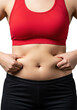 © Turid - Gender-ambiguous midsection wearing a vibrant red sports bra, hands actively pinching highly detailed stomach fat on a neutral gray background. Body image scrutiny concept
