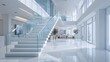 © horizon - Stunning modern interior showcasing a floating glass staircase with crisp white steps, bathed in bright natural light and minimalist walls.