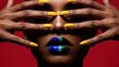 © Svyatoslav Lypynskyy - Woman Face Hands Yellow Nails Bold Lips Red Background