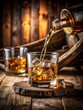 © chokdeelaw - Pouring whiskey into a glass filled with ice at a rustic distillery
