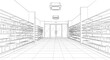 © MDRahamat - Supermarket Interior Aisle Perspective Line Art Illustration with Store Shelves, Product Displays, and Entrance Doors in Outline Vector Style