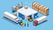 © jeksonjs - Isometric Warehouse distribution center with trucks and workers AI Generative Scene Illustration