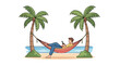© Tine - A man relaxes in a vibrant hammock between two palm trees on a serene beach with a laptop, embodying a remote work lifestyle in a flat 2D illustration.