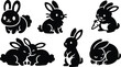 © Royal Ability - Cute silhouette vector icons of six rabbits in various playful poses including nibbling a carrot cuddling sleeping sitting standing and profile view on simple white background