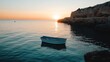 © Eva - Serene Sunrise: Small Boat Drifting on Calm Waters Near Rocky Coastline