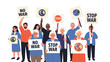 © Ovi - Group of diverse senior citizens standing together and holding protest signs with peace symbols and messages saying no war and stop war.