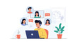 © Ovi - Young man with a headset works on a laptop and has a video conference with colleagues shown in several speech bubbles.
