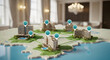 © emwe studio - Miniature hotel buildings with location pins on map demonstrating hospitality network and travel destination management