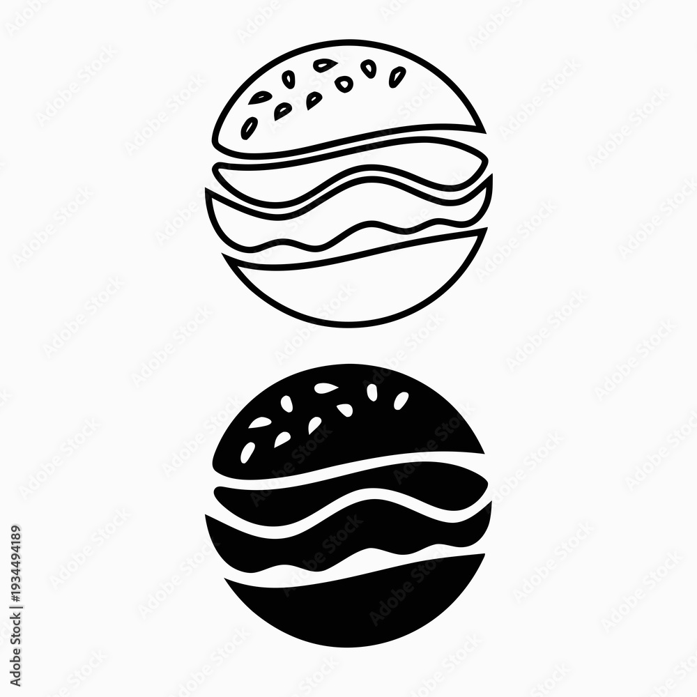 Black and white illustration of two burgers with sesame seed buns drawn ...