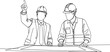 © NURUL - Continuous line drawing of engineer and architect in hard hats discussing floor plan blueprint on desk in construction site